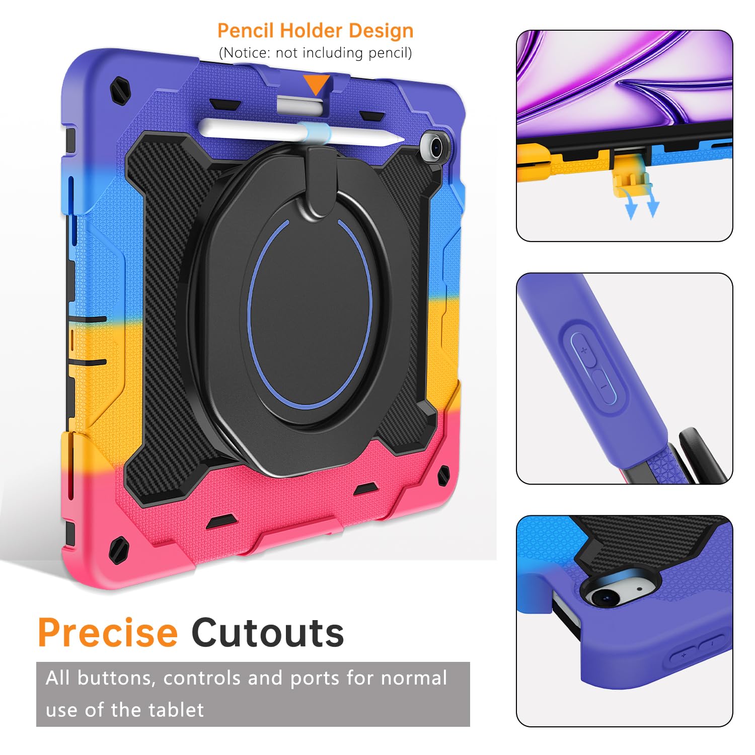 ROISKIN Coque pour iPad Air 13" M4/M3/M2 (2026/2025/2024) avec protection d'écran, support rotatif, bandoulière, porte-stylo, étui militaire résistant aux chocs pour enfants pour iPad Air 13 8e/7e/6e