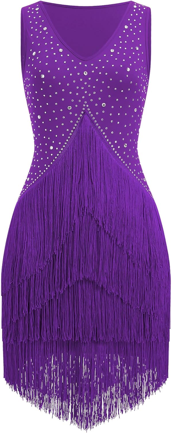 Women Latin Dance Dress Sleeveless V Neck Rhinestone Top Midi Fringe Skirt Adult Sparkly Jazz Ballroom Dance Outfits