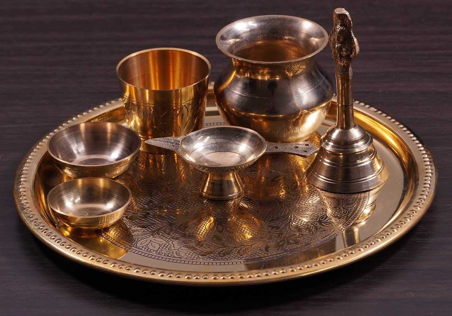 Brass Pooja Thali Set Floral Engraved Puja Aarti Thali Home Decoration Accessories, 23 cm Diameter