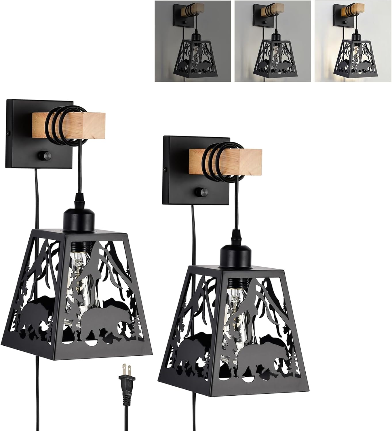 Plug in Wall Light,Rustic Bear Dimmable Wall Sconce,Farmhouse Matte Black Wall Sconces Set of Two,Wooden Metal Wall Mounted Lamp,Industrial Wall Lights for Bedroom,Living Room,Bedside,Hallway