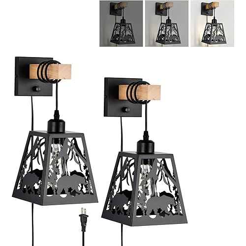 Plug in Wall Light,Rustic Bear Dimmable Wall Sconce,Farmhouse Matte Black Wall Sconces Set of Two,Wooden Metal Wall Mounted Lamp,Industrial Wall Lights for Bedroom,Living Room,Bedside,Hallway