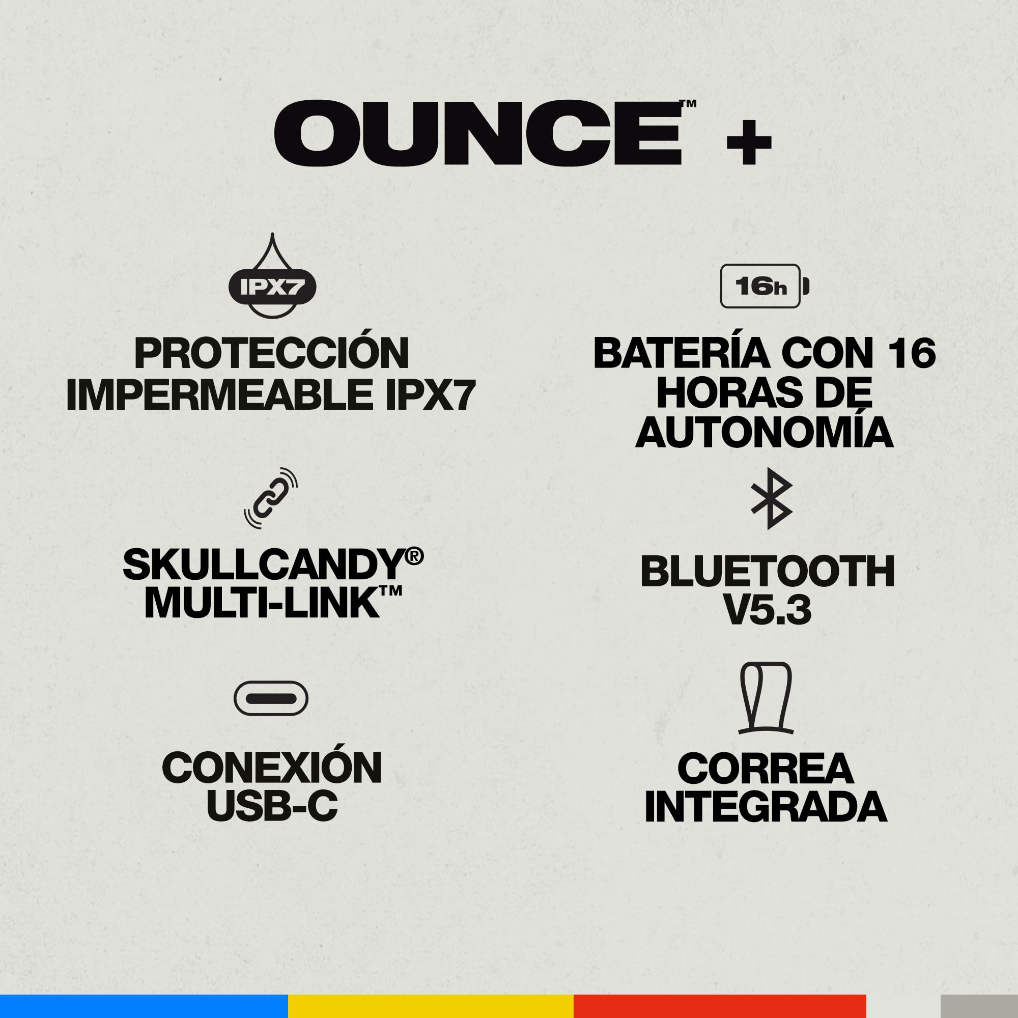 Skullcandy Ounce+ Altavoz Portátil Inalámbrico con Bluetooth, Impermeabilidad IPX7, 16 Horas de Batería, True Wireless Stereo y Correa Integrada para Viajes y Uso en Exteriores - Negro