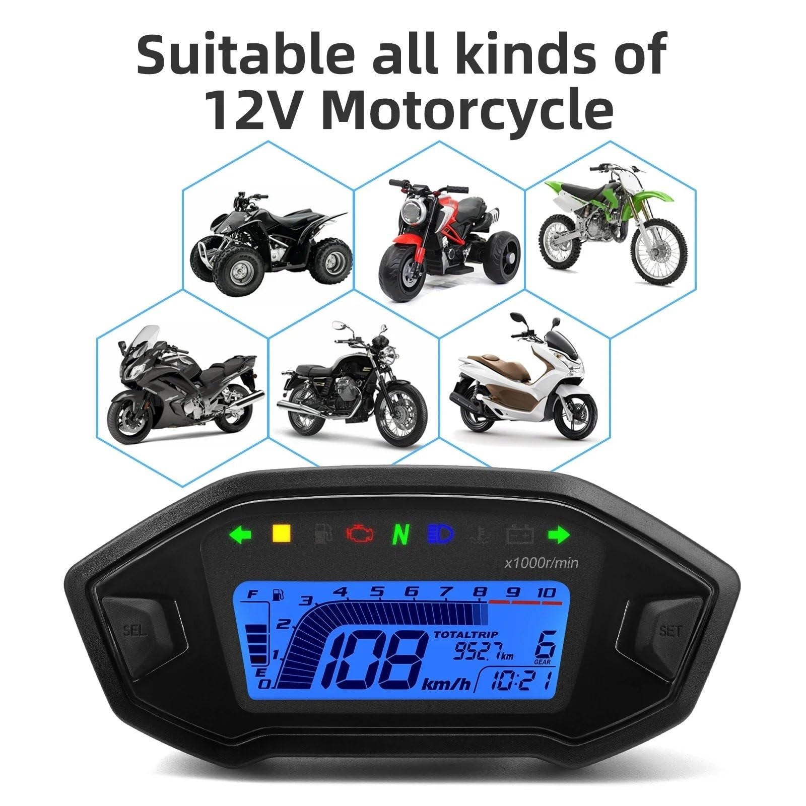 Motocicleta Velocímetro Motocicleta Tacómetro Velocímetro Digital para Motocicleta, tacómetro y odómetro con Pantalla LCD de 10000 RPM, Compatible con 1, 2 y 4 Cilindros.