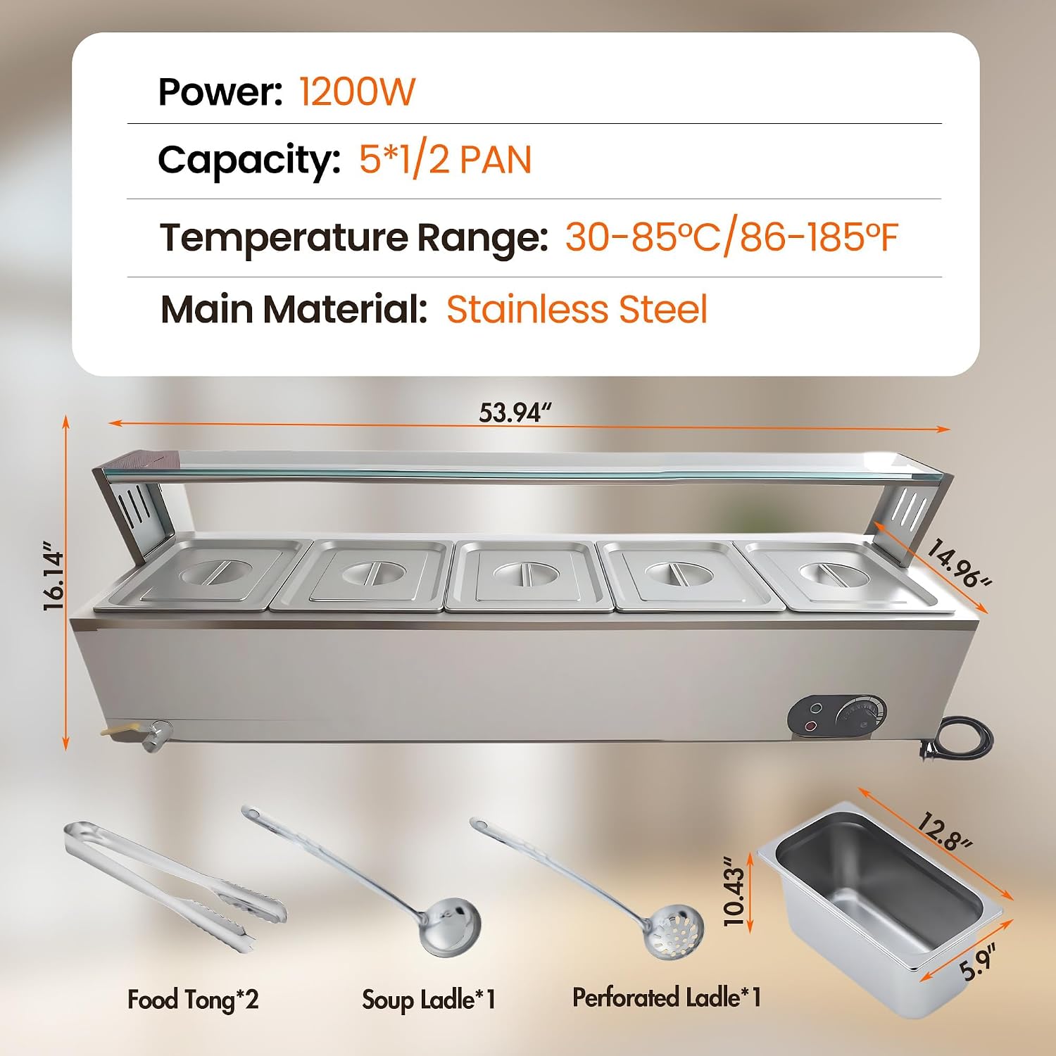 Commercial Food Warmer, 5-Pan Commercial Electric Food Warmer 60QT,Stainless Steel Electric Bain Marie with Tempered Glass Shield,Buffet Warmer for Catering, Restaurants, Cafeterias