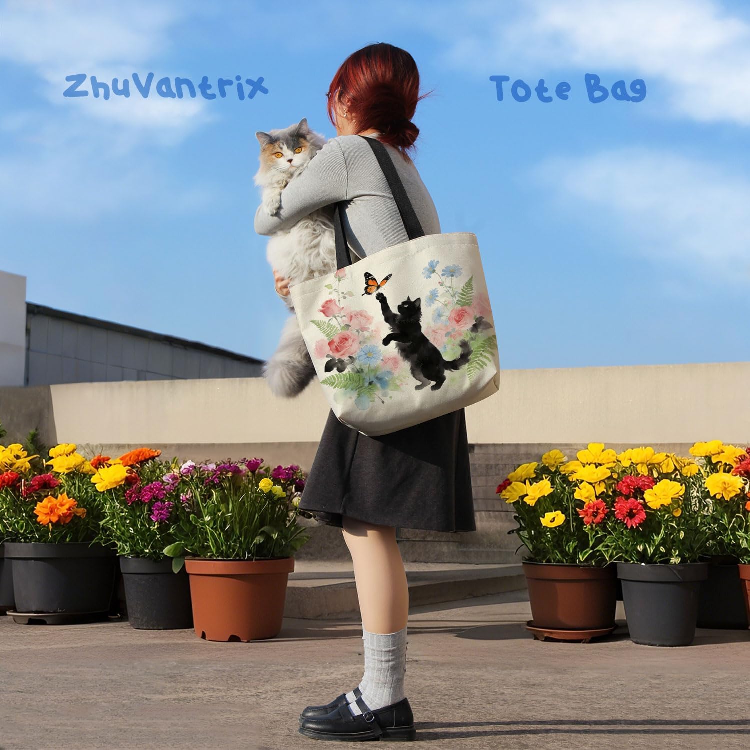 Floral Black Cat Reusable Grocery Tote Bag