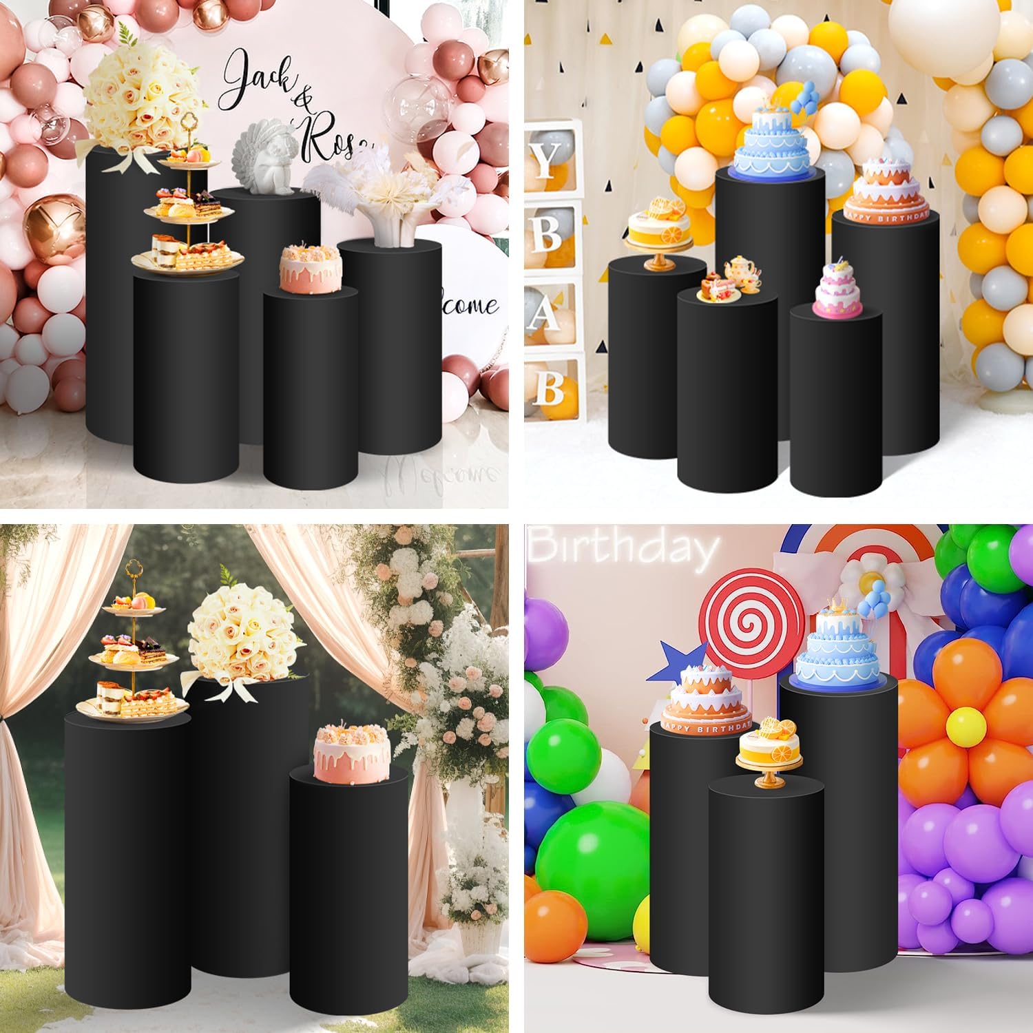 SaitiMade Set of 5 - Black Cylinder Pedestal Stand Covers, Spandex Cylinder Stand Covers for Party, Wedding or Birthday Event Decor - Only Contains Cylinder Covers
