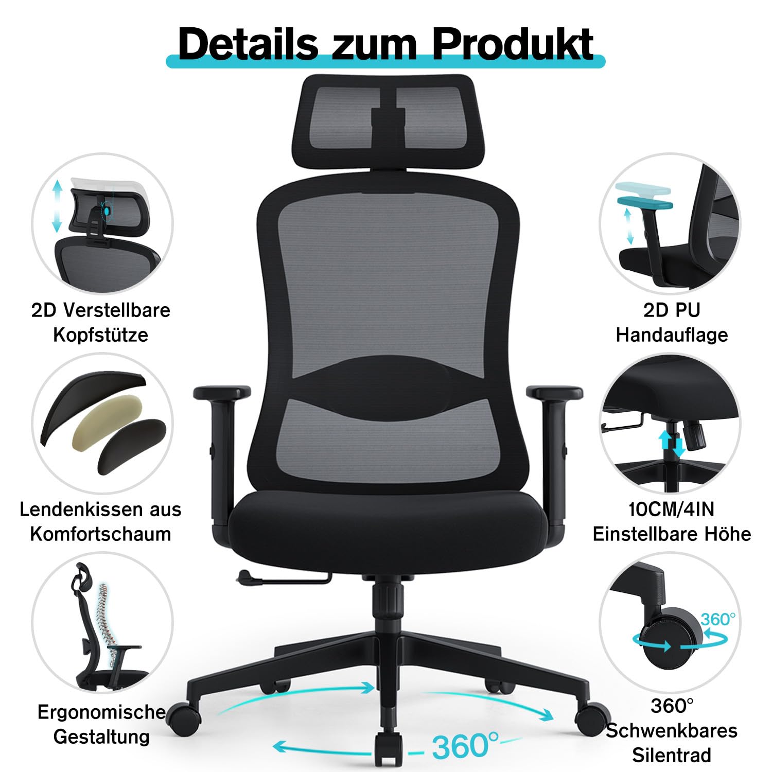 Bürostuhl Ergonomisch, Schreibtischstuhl mit Wippfunktion bis 125°, Verstellbarer Kopfstütze & Armlehnen, Drehstuhl mit Lendenwirbelstütze, Chefsessel aus Mesh, Bürostühle 150 kg, Schwarz