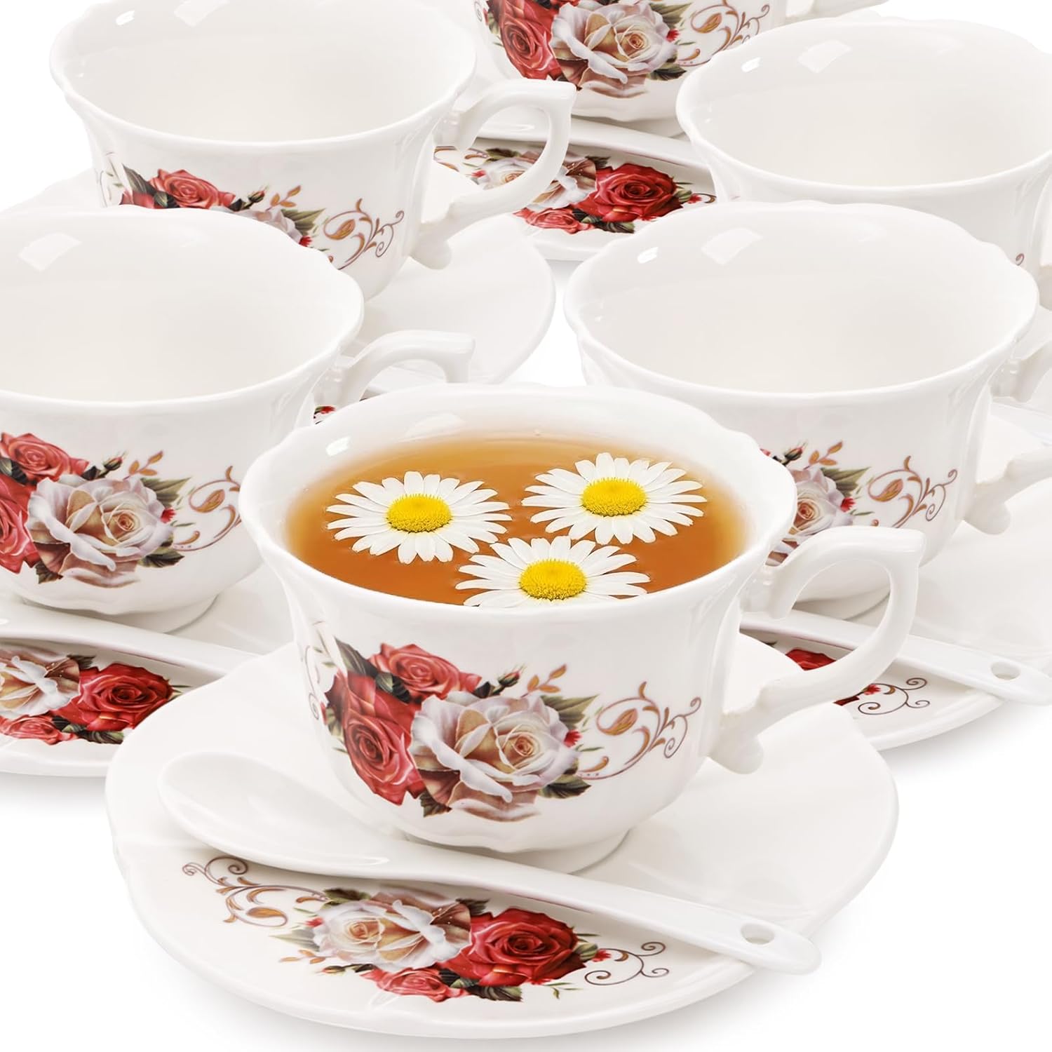 Foraineam Tea Cup and Saucer Set of 6, Porcelain Ivory Rose Tea Cups with Saucers and Spoons, 6 oz Floral Coffee Cup Set with Gold Trim, Latte Cups and Espresso Mug for Tea, Latte and Coffee Drinks