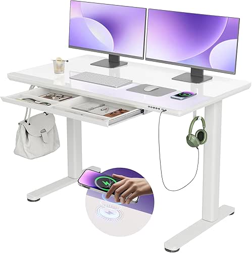 INNOVAR Wireless Charging Glass Standing Desk with Drawers, Adjustable Height