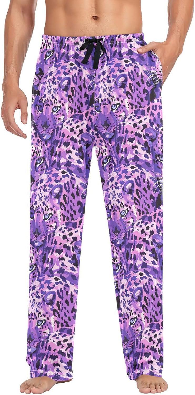 ALAZA Purple Leopard Print Men's Pajama Pants Men Cotton Pajama Bottoms with Pockets, S
