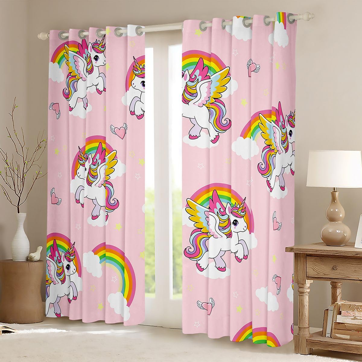 Homewish Jednorożce zasłony okienne, 132 x 160 cm, 2 zestawy paneli – urocze tęczowe zasłony zaciemniające, nadruk z kreskówkowymi gwiazdami, miłość, zasłony okienne, różowe, kawaii, zwierzę do