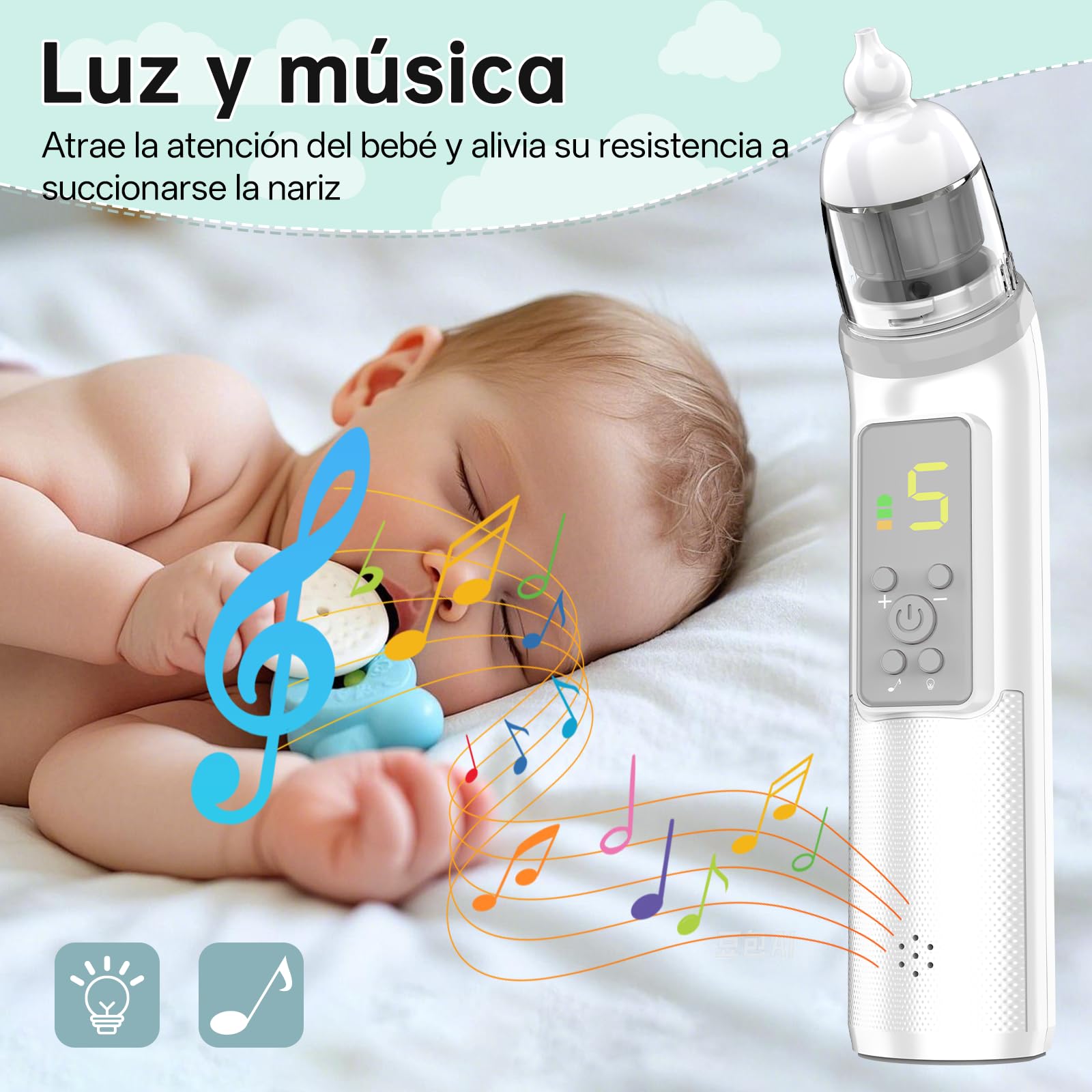Aspirador Nasal para Bebés, Aspirador Nasal Eléctrico para Bebés con 5 Niveles de Succión, 3 Niveles de Succión Ajustable, Función de Música y Luz Calmante, Recargable, Ruido Bajo — view 6
