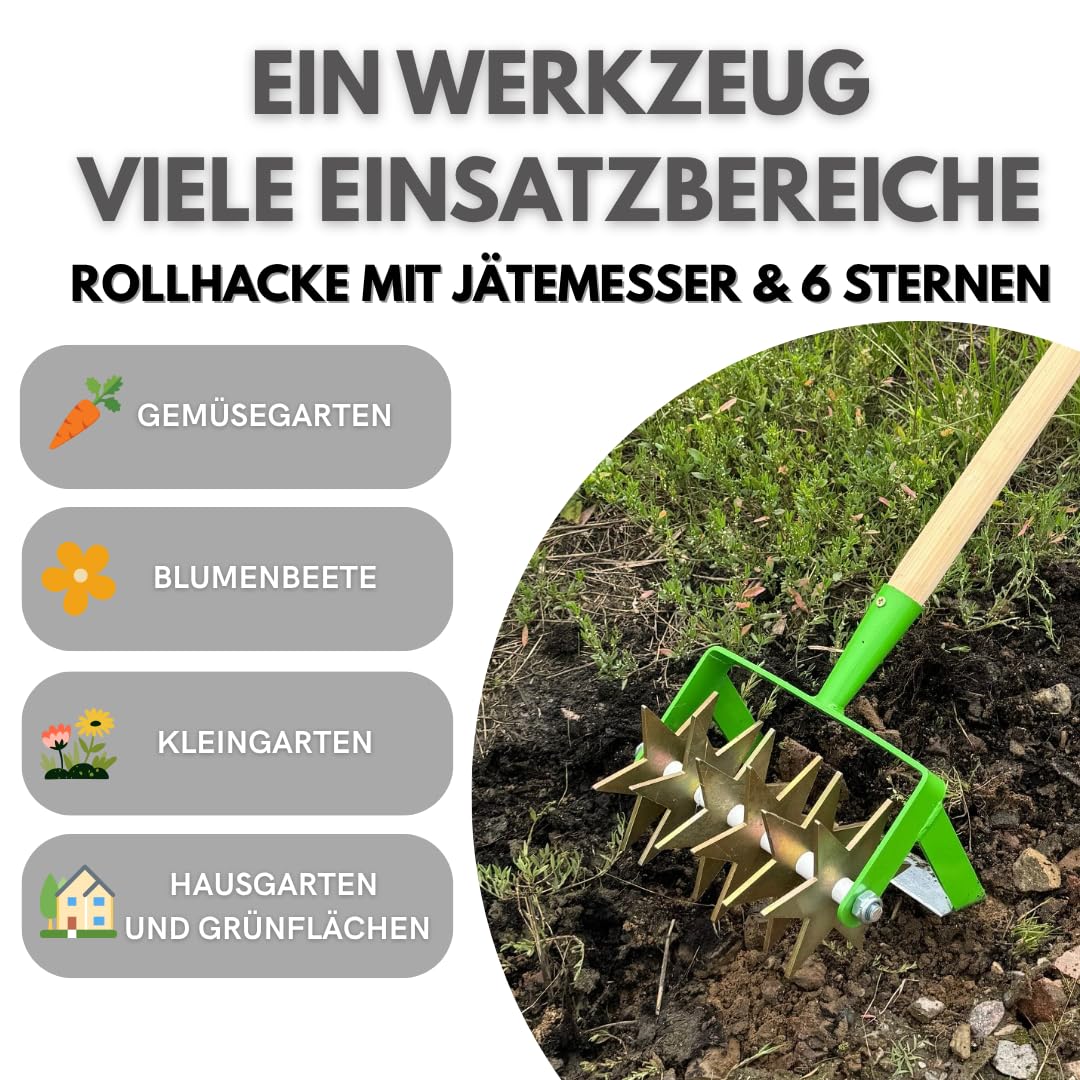 Kultivator Sternfräse mit 6 Sternen und Jätemesser, Krümler 21 cm, Bodenkrümler, Rollhacke 2-Reihe, BR: 20cm, Gartengerät EU-Produktion TMX