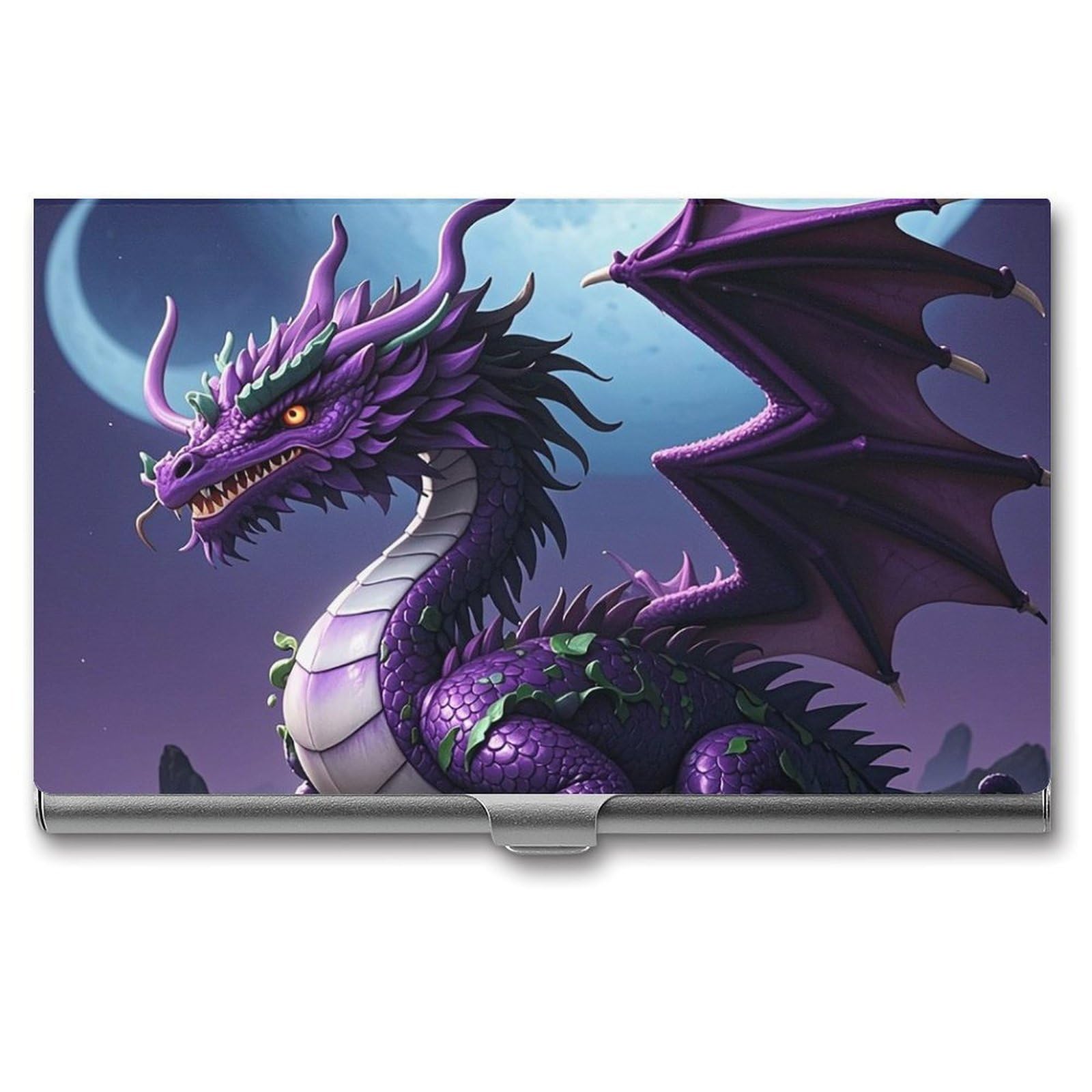 DWVTSLH Purple Dragon Purple Moon Business Card Holder, Slim Portable Metal Business Card Case Pocket Wallet Professional Name Cards Holder for 22-30 Cards, Credit Card ID Case/Holder for Men Women