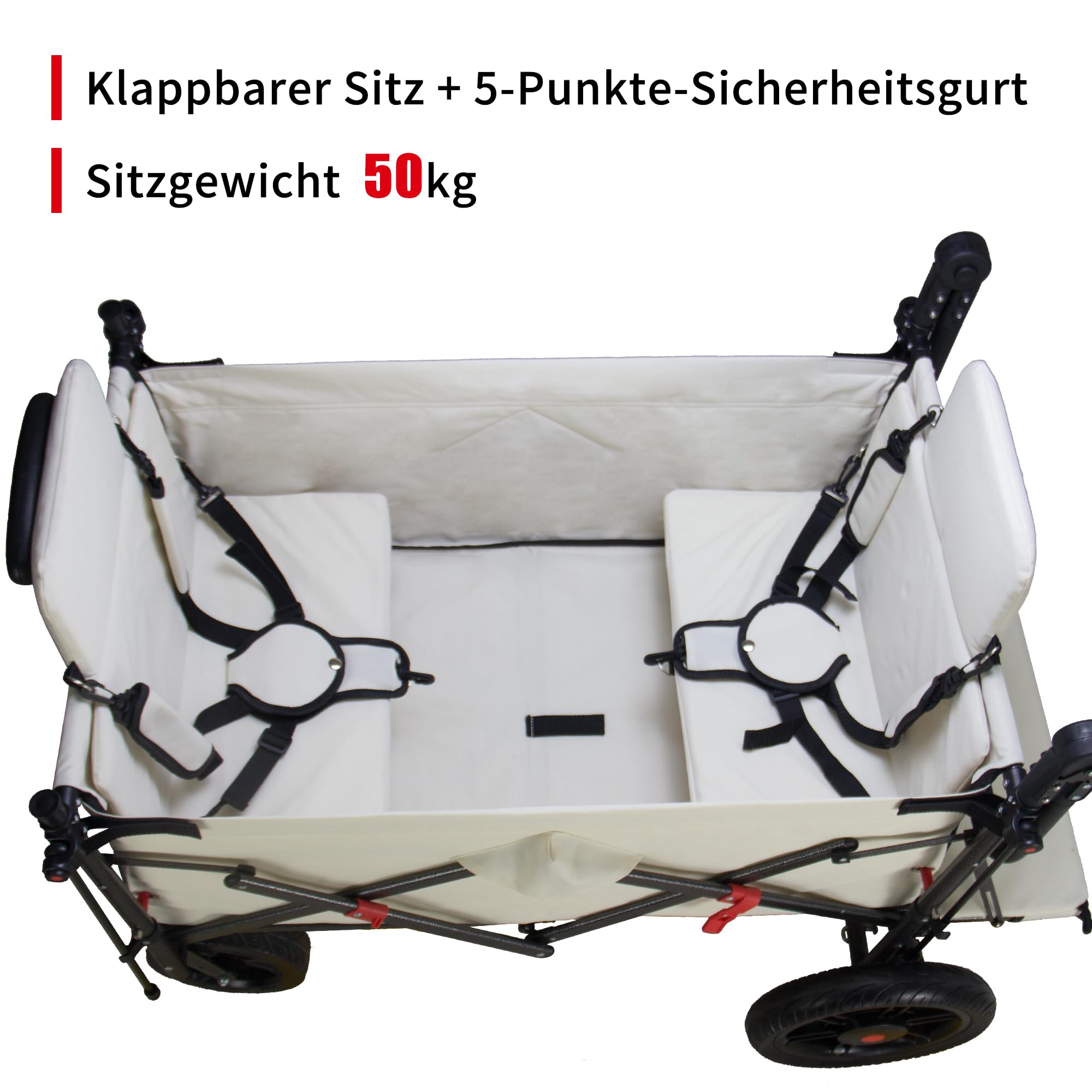 TMZ Bollerwagen Faltbar mit 2 Integrierte Klappsitze, Handwagen mit Bremsen und Dach, Klappbar Transportwagen, Tragfähigkeit 120 kg für Alle Gelände Camping Strand Einkaufen(Beige)