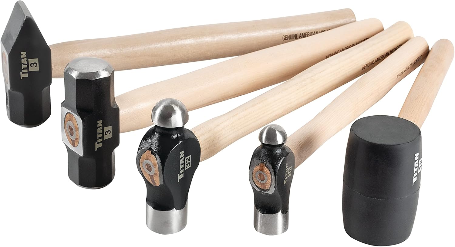 Titan 85070 5-Piece Hammer Set, Includes 16oz & 32oz Ball Pein, 16oz Rubber Mallet, 3lb Sledgehammer & 3lb Cross Pein with Hickory Wood Handles