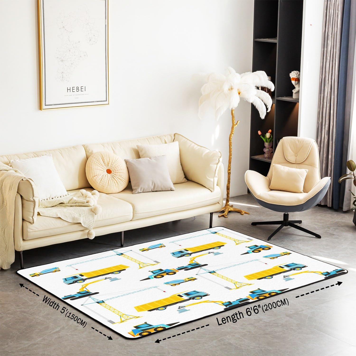 Tappeto per bambini con escavatore, 150 x 200 cm, per veicoli da costruzione, tappeti per soggiorno, per ragazzi, ragazze, adolescenti, decorazione per auto, set di tappeti decorativi per trattore, t