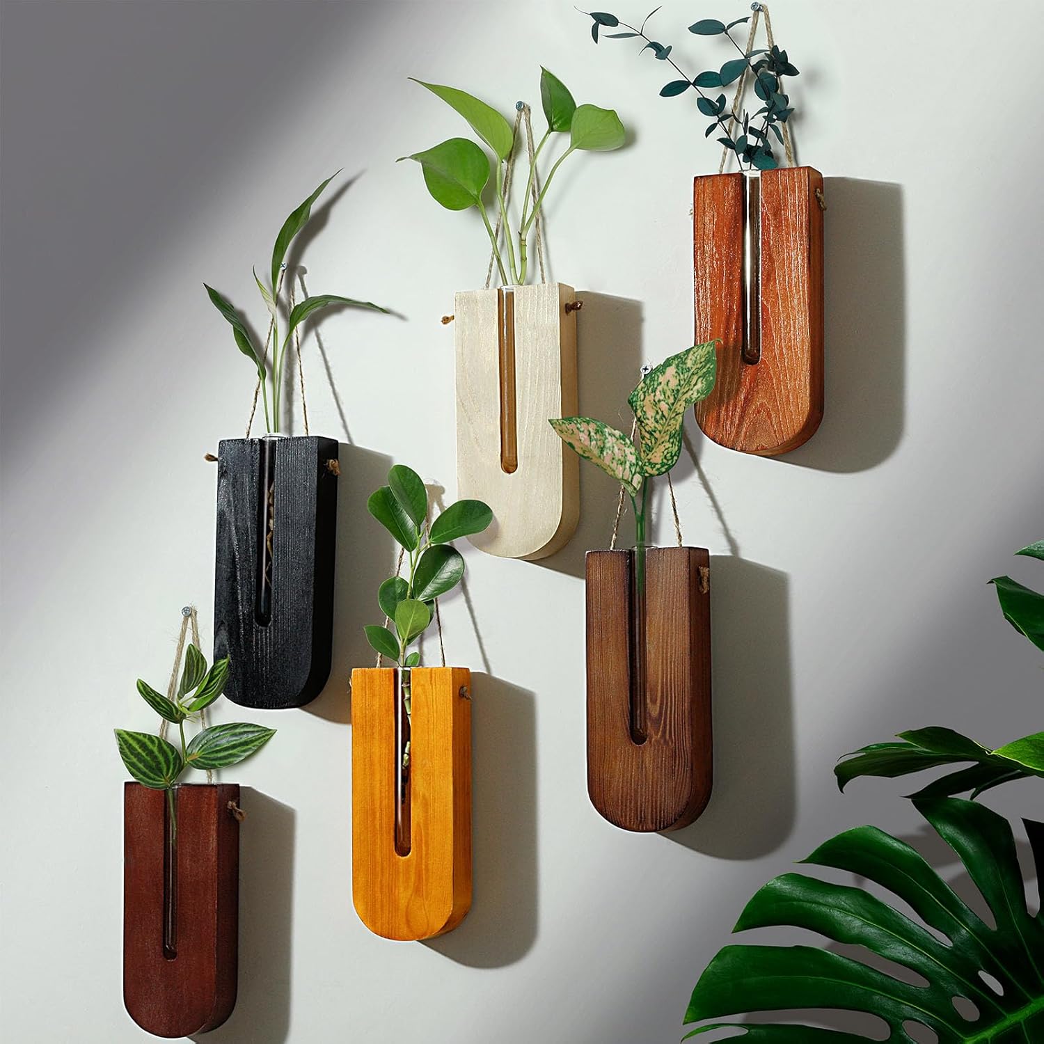 6 Pack Wall Planters for Indoor Plants, Wooden Hanging Planter, Propagation Station, Wooden Pocket Vase, Wood Wall Decor for Living Room Bedroom Bathroom