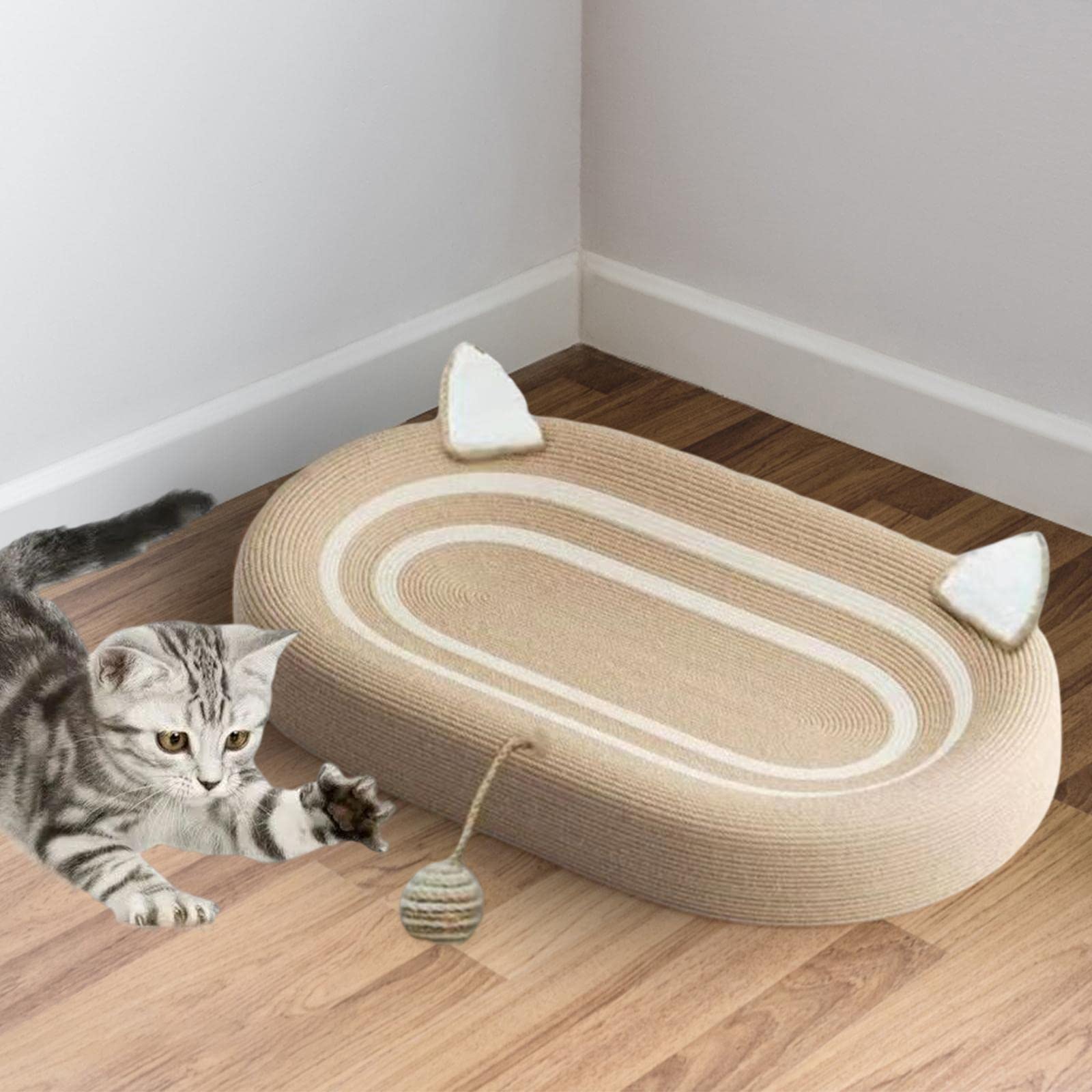 Colcolo Ovales Kratzbrett für Katzen - 3 in 1 Kratzmatte mit Ballspielzeug, Lounge Kratzpappe, Möbelschutz zum Spielen aus Pappe
