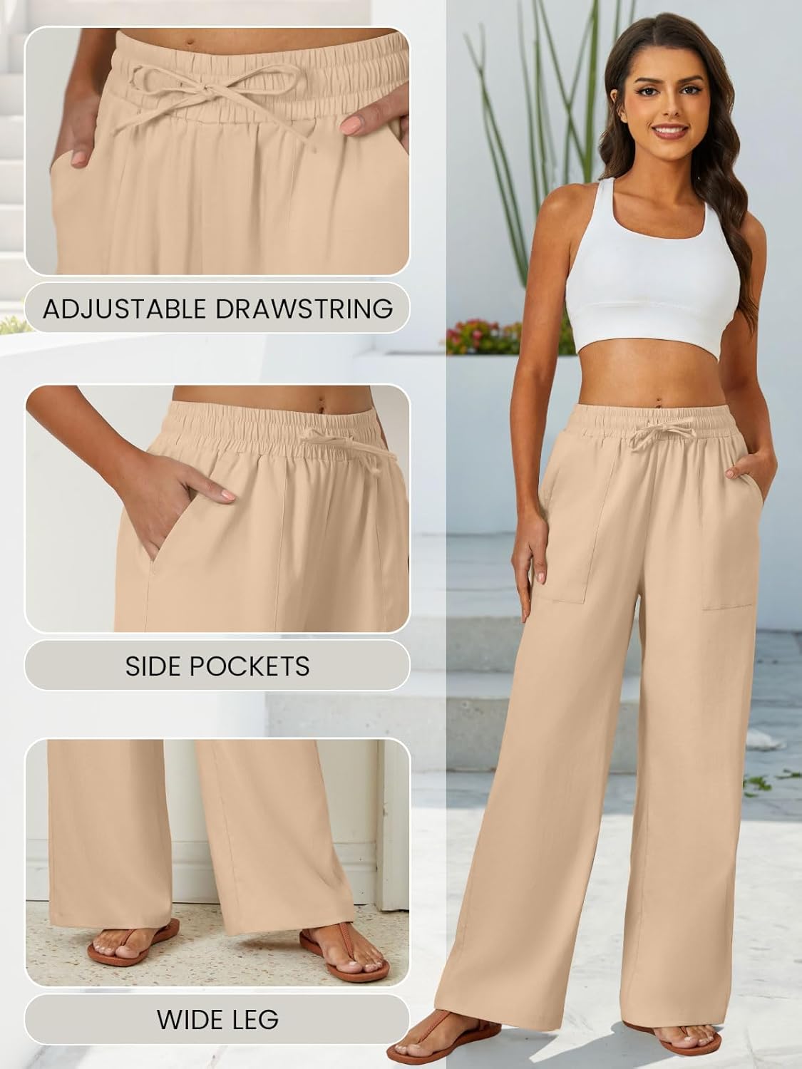 FireSwan Womens Palazzo Pants Casual Drawstring Flowy Pants Wide Leg Summer Beach Linen Trousers with Pockets - Image 5