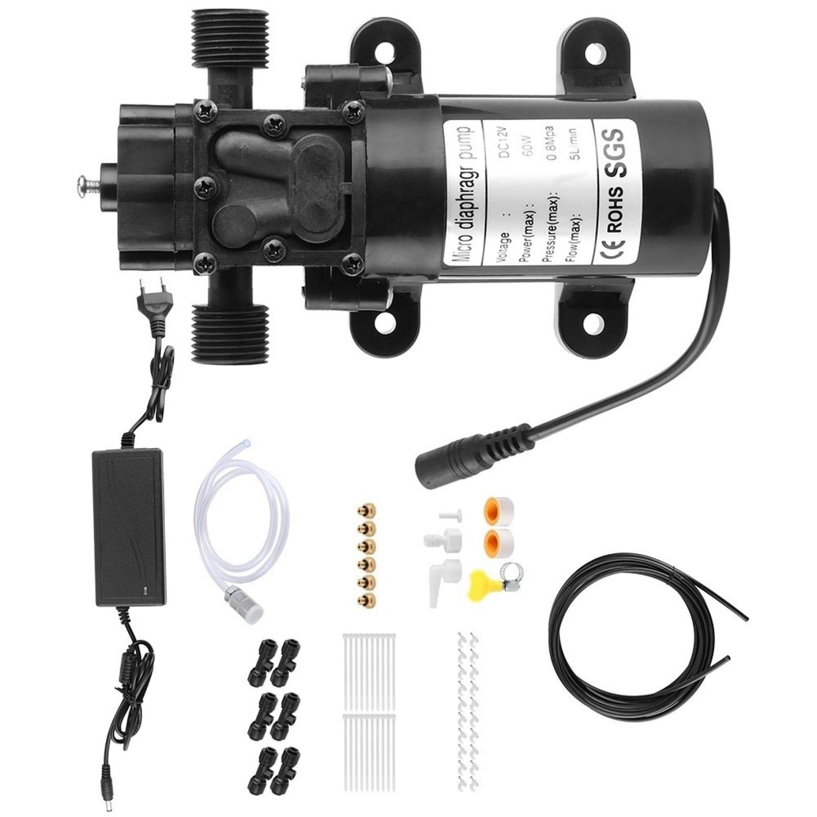 Pompa Acqua Pressione Pompa Autoadescante,Kit di nebulizzazione Impianto di nebulizzazione da Giardino a Bassa Pressione 110-240 V, Pompa a Membrana a 6 ugelli elettrica Resistente