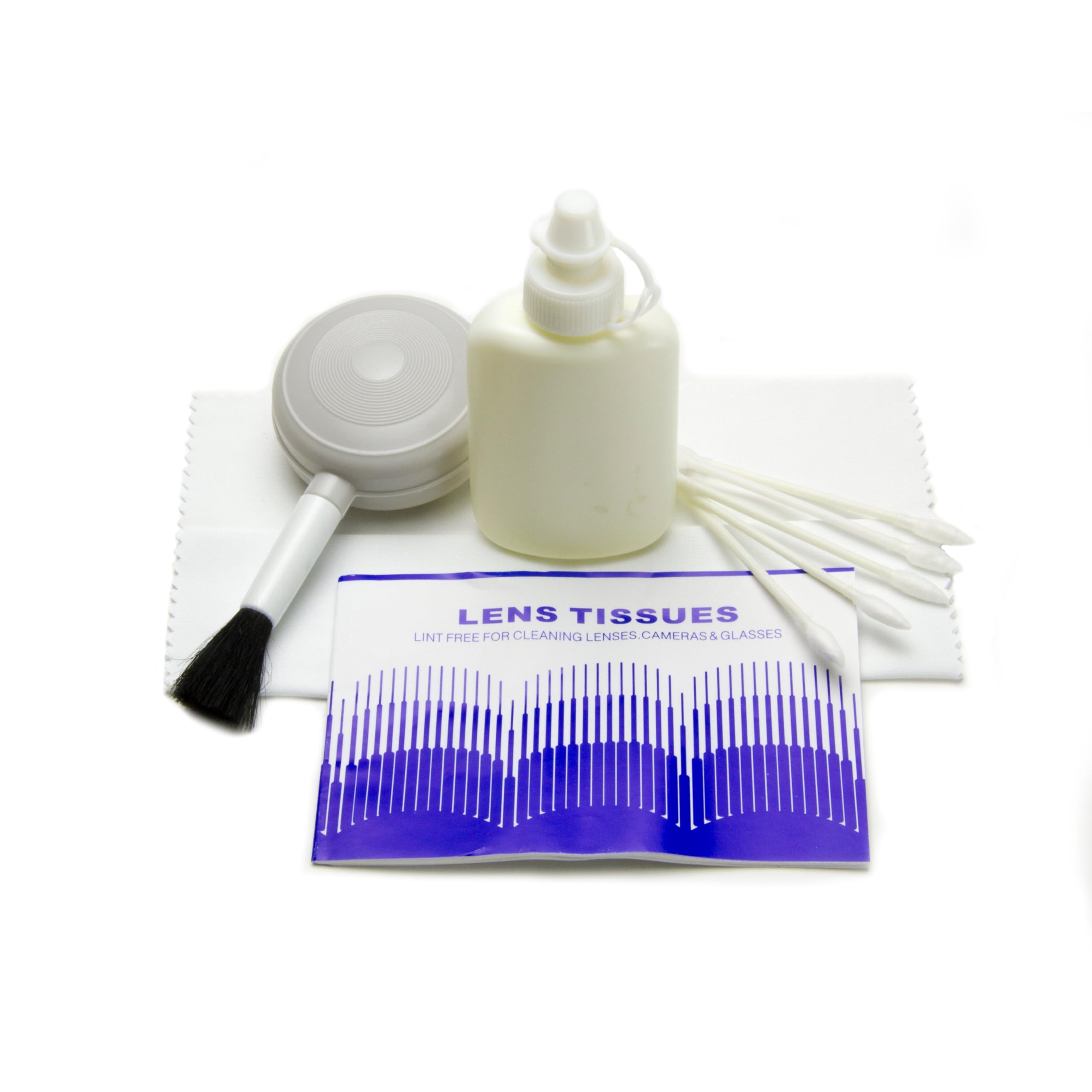 ProMaster OpticClean Deluxe 5-Piece Care Kit components including cleaning fluid, microfiber cloth, lens tissue, blower brush, and cleaning swabs.