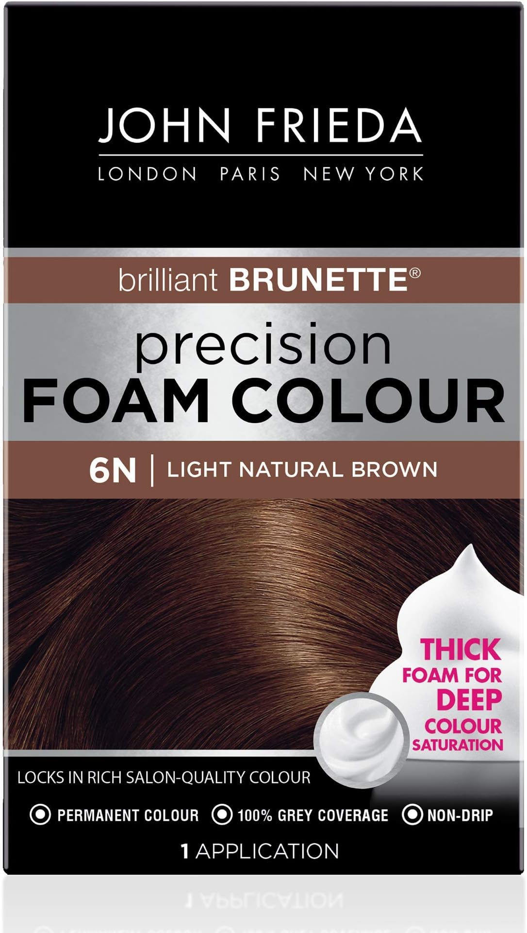 John Frieda Precision Foam Colour, Light Natural Brown 6N, Full-Coverage Hair Color Kit, Anti-Fade Gray Coverage, Deep Color Saturation Hair Dye, 1 Application