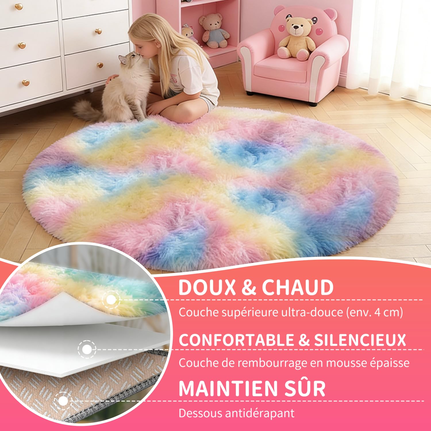 Tapis Rond 120 CM Arc-en-Ciel Tapis Chambre Fille Lavable Antidérapant Ultra-Doux Moelleux Grand