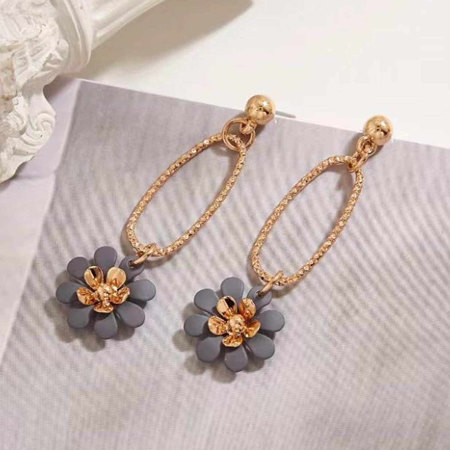 Blue Summer Flower Floral Dangle Earrings Boho 2 Layered Floral Petal Drop Statement Stud Navy Royal Blue Earring for Women - Image 5