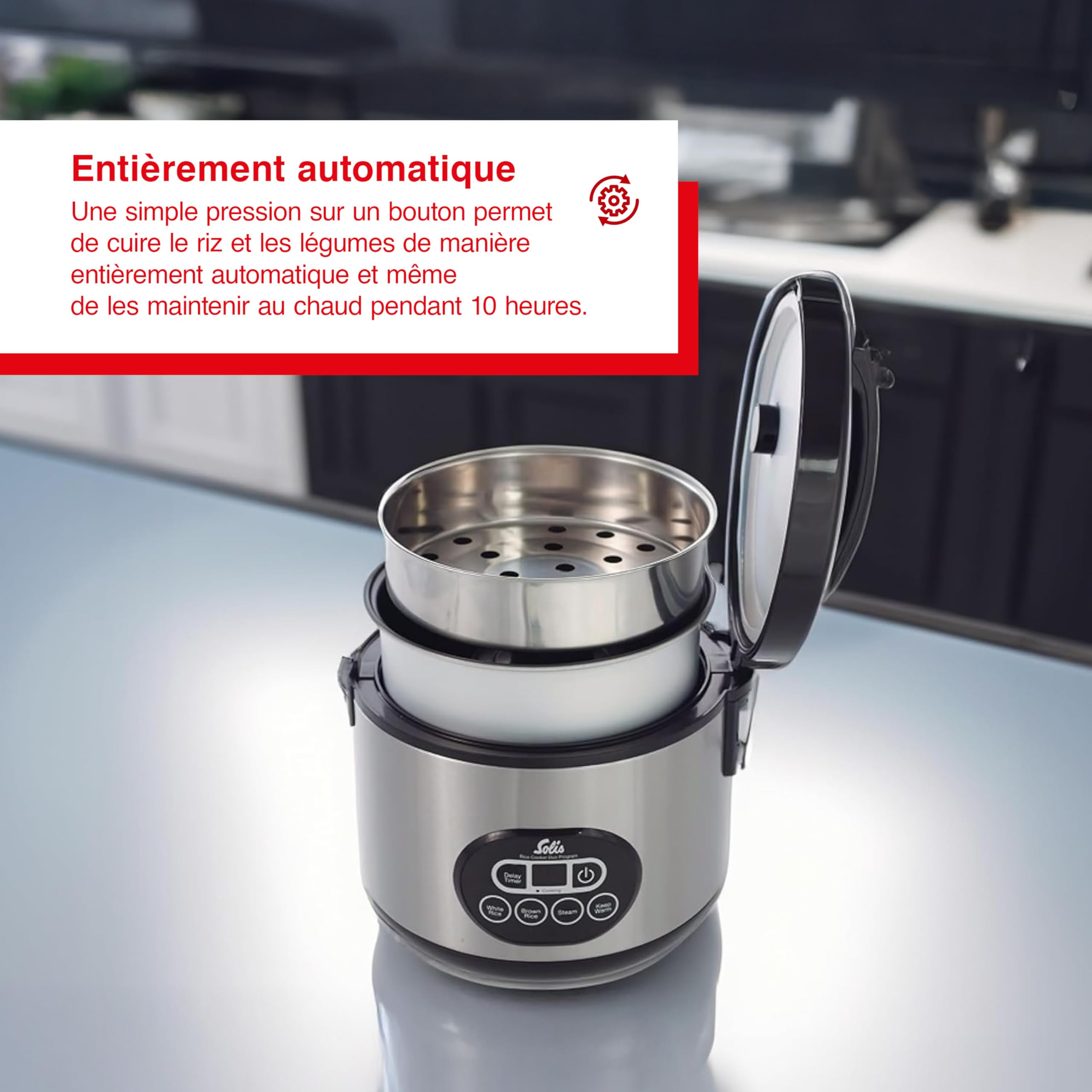 Solis Rice Cooker Duo Program Cuiseur à riz et cuiseur vapeur pour 6 tasses de riz – Convient également pour sushi riz – Minuteur – Fonction maintien au chaud – Avec verre doseur + louche – 1,2 l