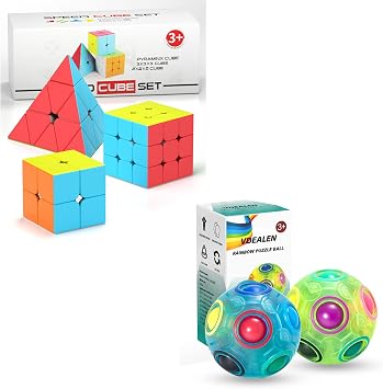 Vdealen 2 Pack Rainbow Puzzle Ball and 2x2x2 3x3x3 Pyramid Stickerless Magic Cube Bundle