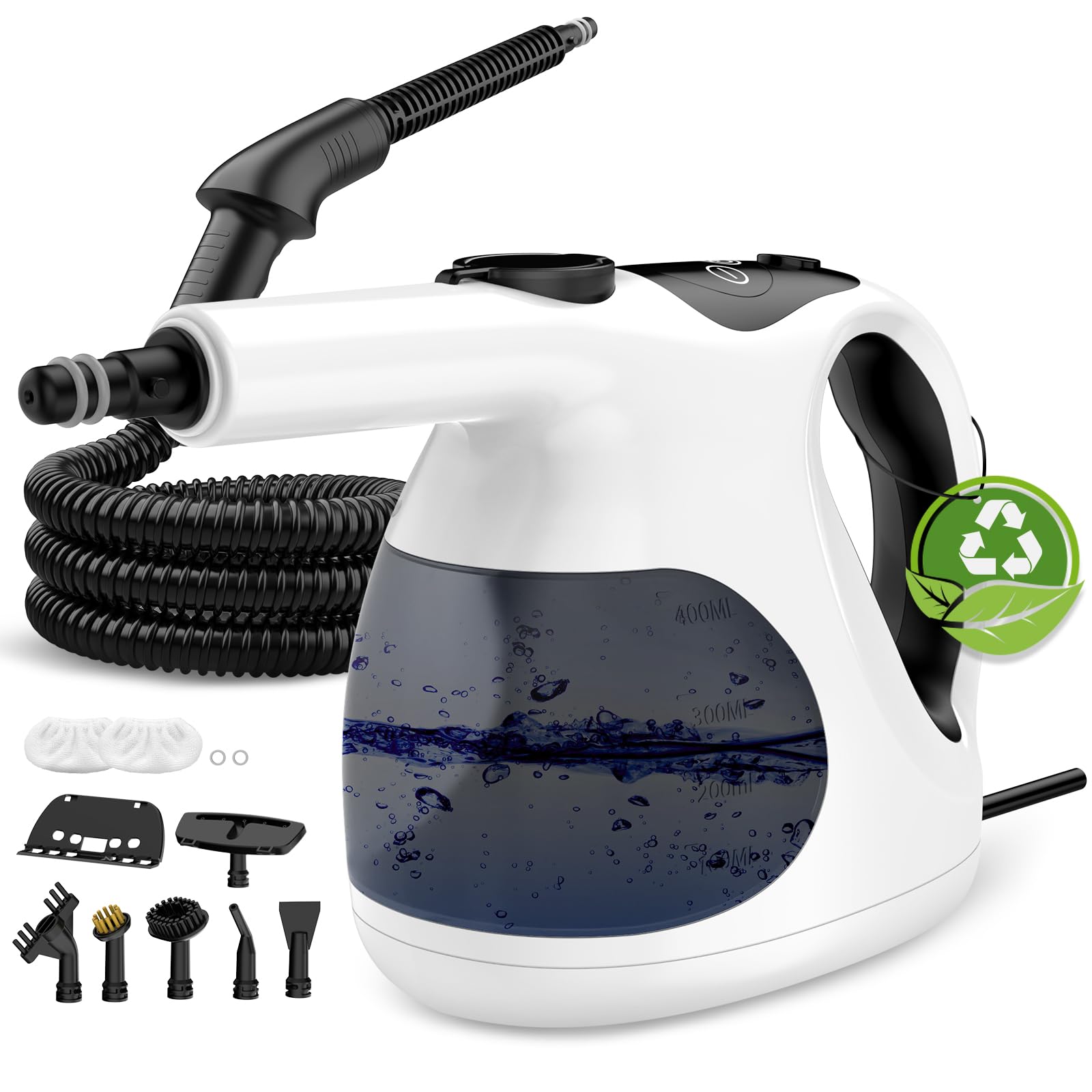 Vaporeta de Mano 1200W, Limpiador a Vapor Portátil con Calentamiento en 15s y Depósito de 400ML, Máquina de Limpieza a Vapor Ligera con 10 Accesorios para Limpieza Hogar, Cocina, Baño (Blanco)