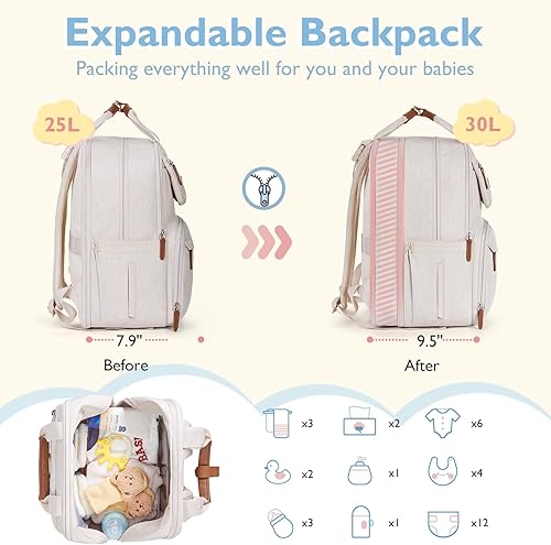 Miniatura 2 de mommore Mochila para pañales, bolsa de pañales grande expandible para 2 niñosgemelos, bolsa de bebé duradera con cambiador, mochila de viaje
