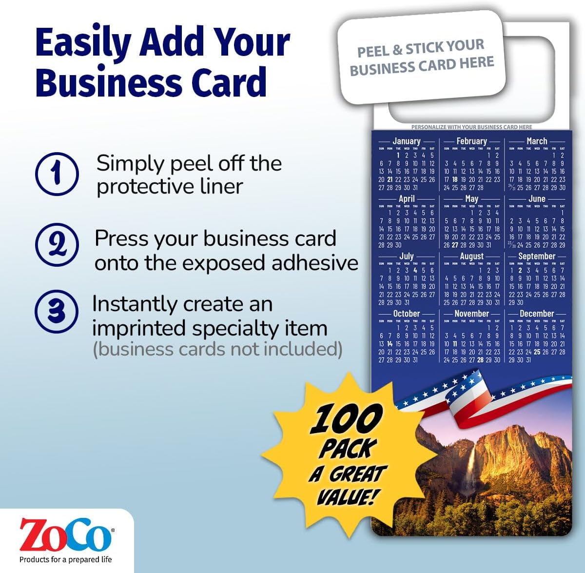 Small Business Advertising Handout - 2026 Patriotic Yosemite Mountains Calendar Magnet - 300 Quantity - Peel & Stick Business Card - Fridge Magnet - Promotional Item
