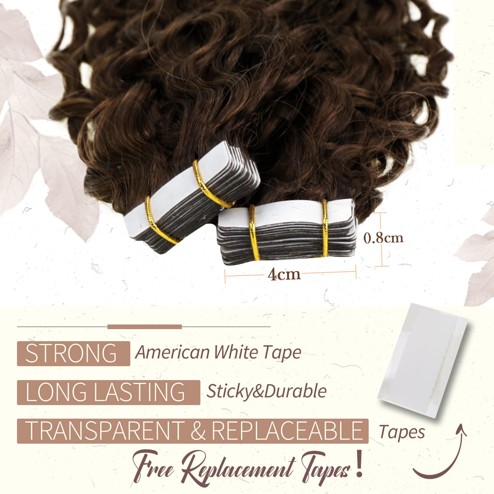 RUNATURE Curly Tape in Hair Extensions Human Hair Brown Tape Hair Extensions Human Hair Remy Curly Tape Hair 16 Inch 50 Gram #4 - Image 3