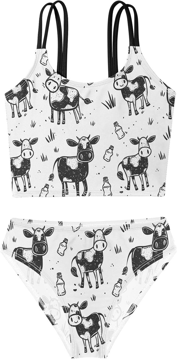 visesunny Girls Two Piece Swimsuits Simple Hand Drawn Cow Girl's Bikini Sets Bathing Suits for Girls Size 5-12Y