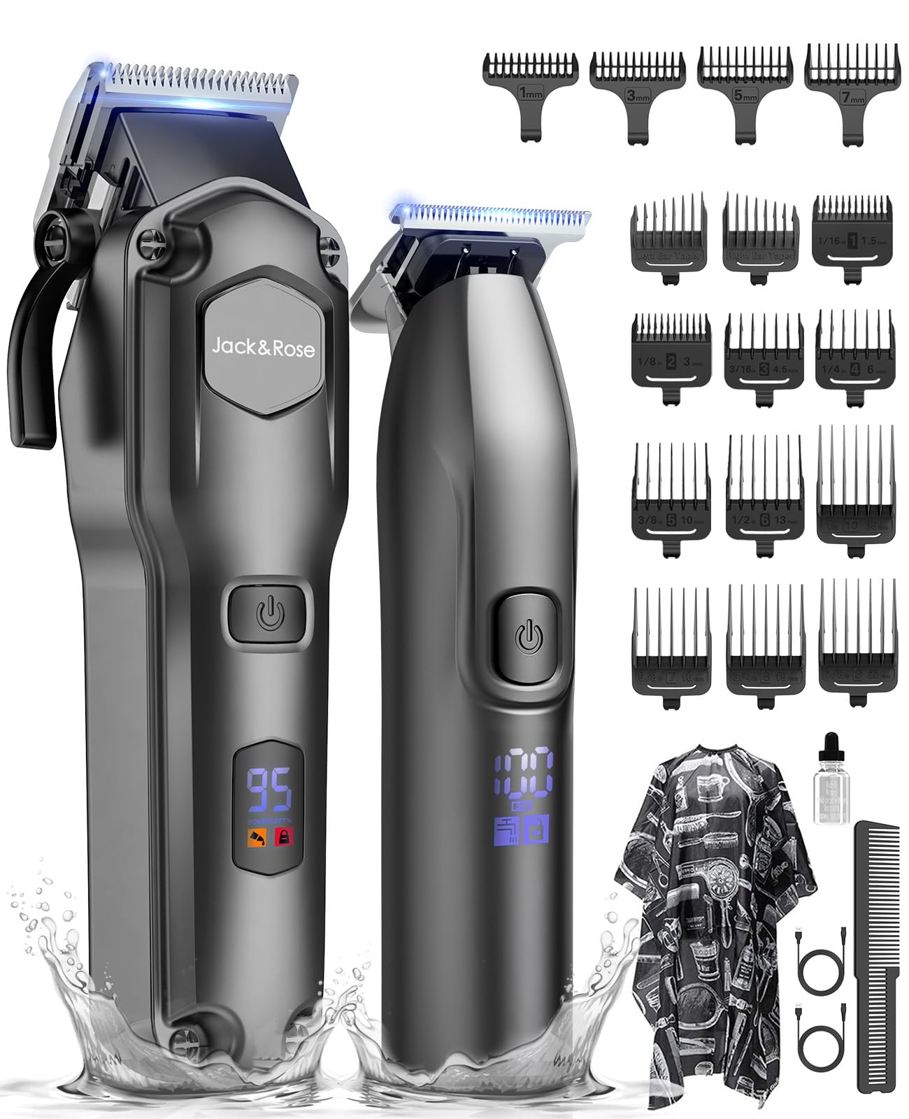 Jack & Rose Haarschneidemaschine & T-Klinge Trimmer Set, Haarschneider kabellos & Wiederaufladbar, IPX7 Wasserdicht Haartrimmer Elektrisch, Friseur Rasierer für Männer schwarz