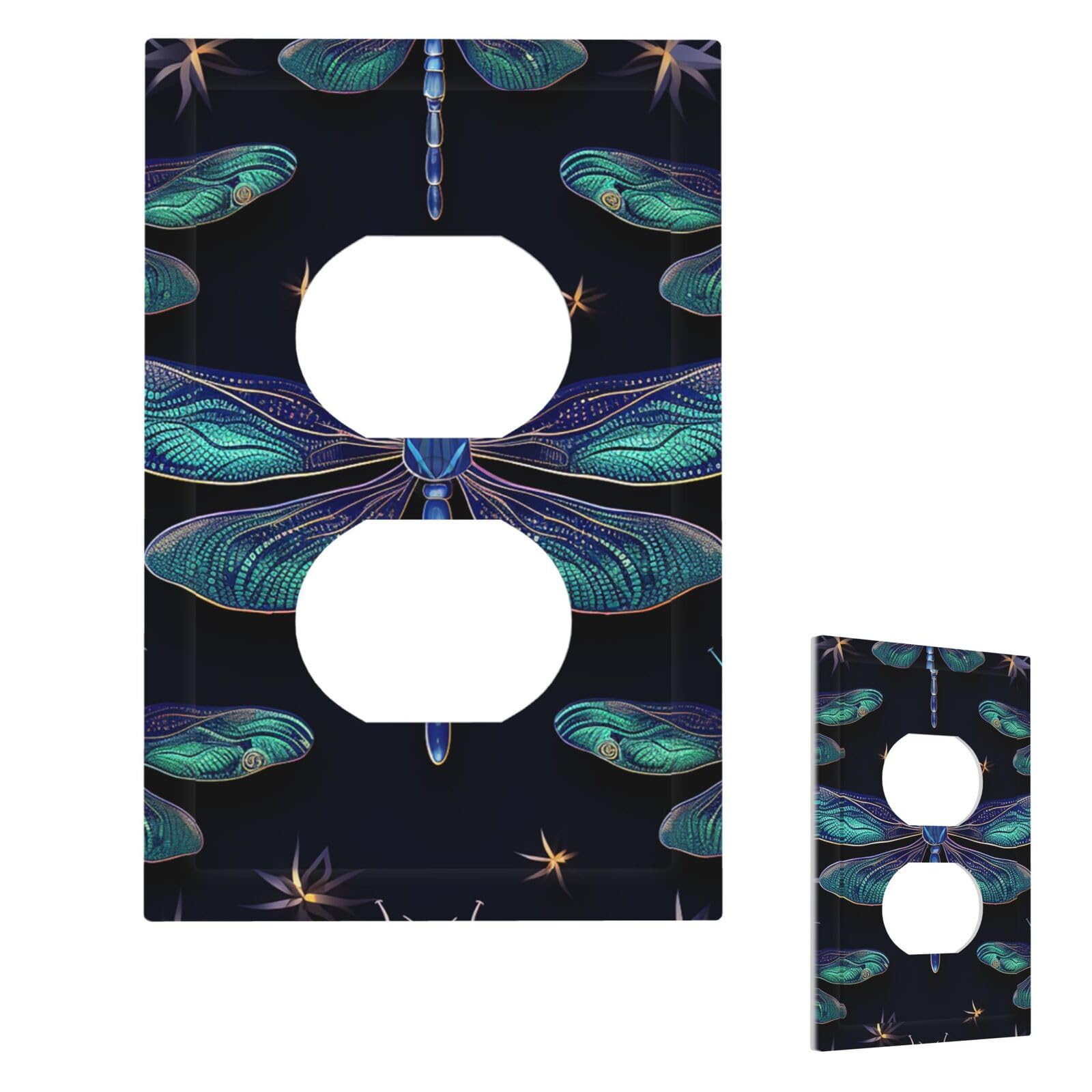 Dragonfly Pattern Dark Blue Wall Plate Cover Duplex, Modern Decorative Light Switch Cover Unbreakable Receptacle Outlet Covers for Living Room Bedroom Decor