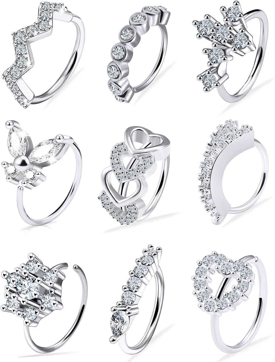 20G Nose Rings Hoops for Women 316L Stainless Surgical Steel Heart Butterfly Flower Cross Cubic Zirconia Nose Rings Hoops Piercing Jewelry for Women Men 20 Gauge Silver Black Rose Gold 8MM