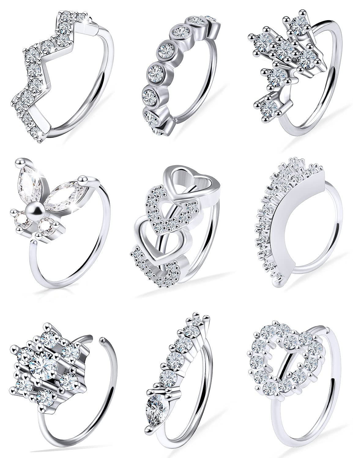 Vsnnsns20G Nose Rings Hoops for Women 316L Stainless Surgical Steel Heart Butterfly Flower Cross Cubic Zirconia Nose Rings Hoops Piercing Jewelry for Women Men 20 Gauge Silver Black Rose Gold 8MM