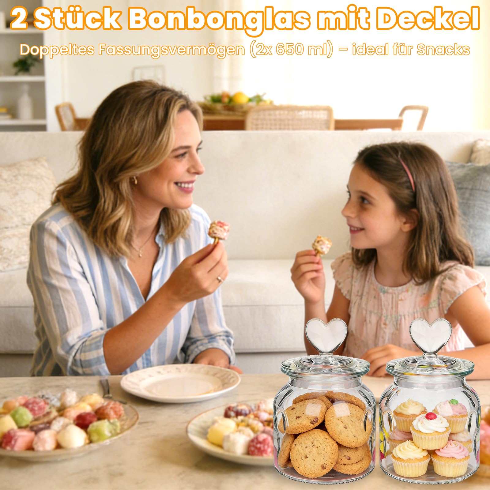 2 Stück Bonbonglas mit Deckel, 650 ml Luftdicht Keksdosen in Herzform, Transparente Vorratsgläser für Hochzeit, Candy Bar, Küche, zur Aufbewahrung von Keksen, Pralinen und Bonbons