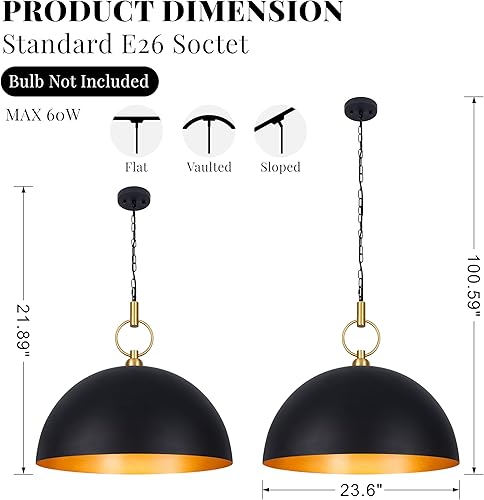 Miniatura 5 de Luces colgantes de granja de 23.6 pulgadas para isla de cocina, lámpara colgante de cúpula grande negra y dorada, lámpara colgante industrial para