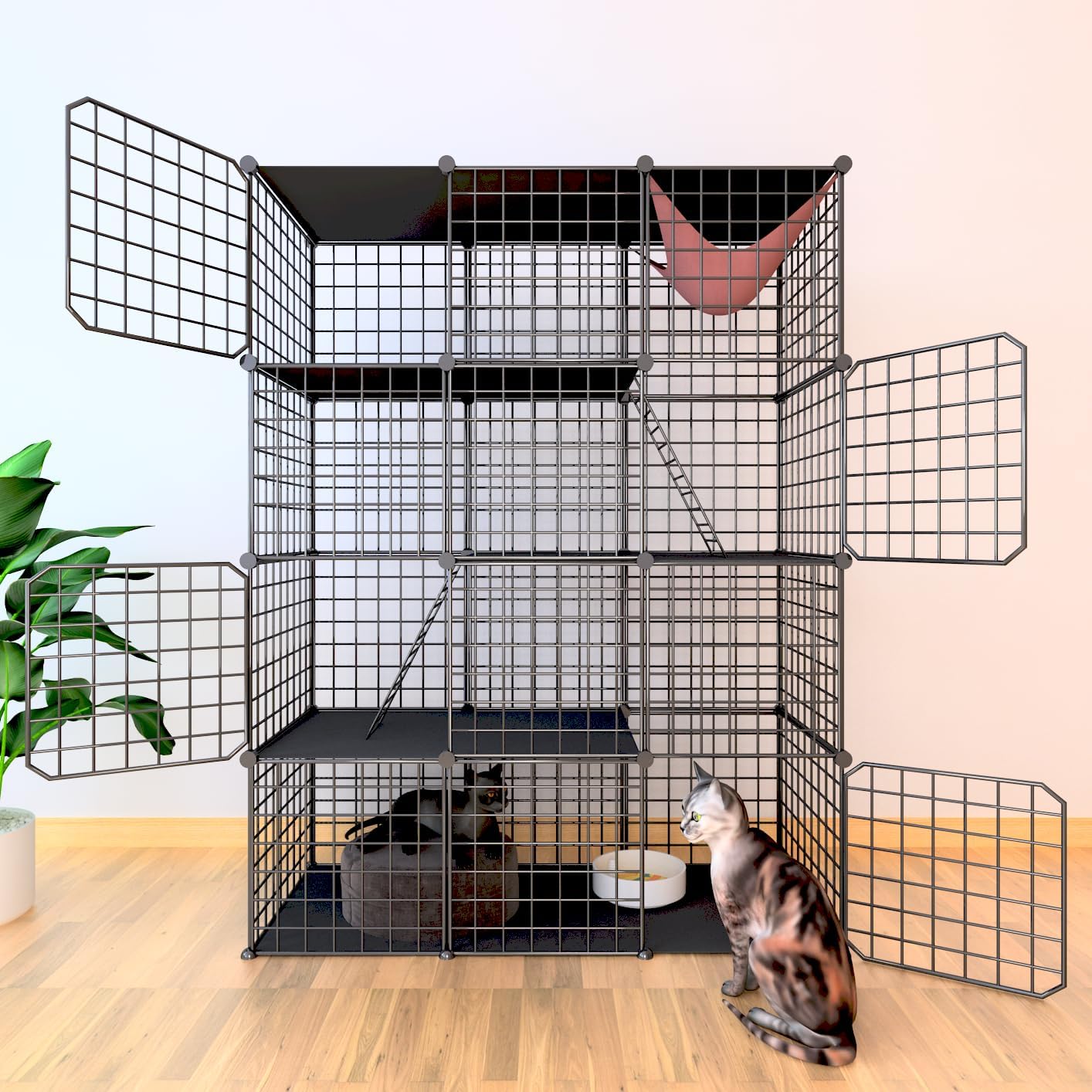 Indoor Cat Cage Enclosure DIY,Cat Playpen Catio Thick Metal Wire Kennels for 1-3 Cats Kitten Cage Detachable Patio Cat Crate?Only Cage? Black 41"L x 17.5"W x 55"H