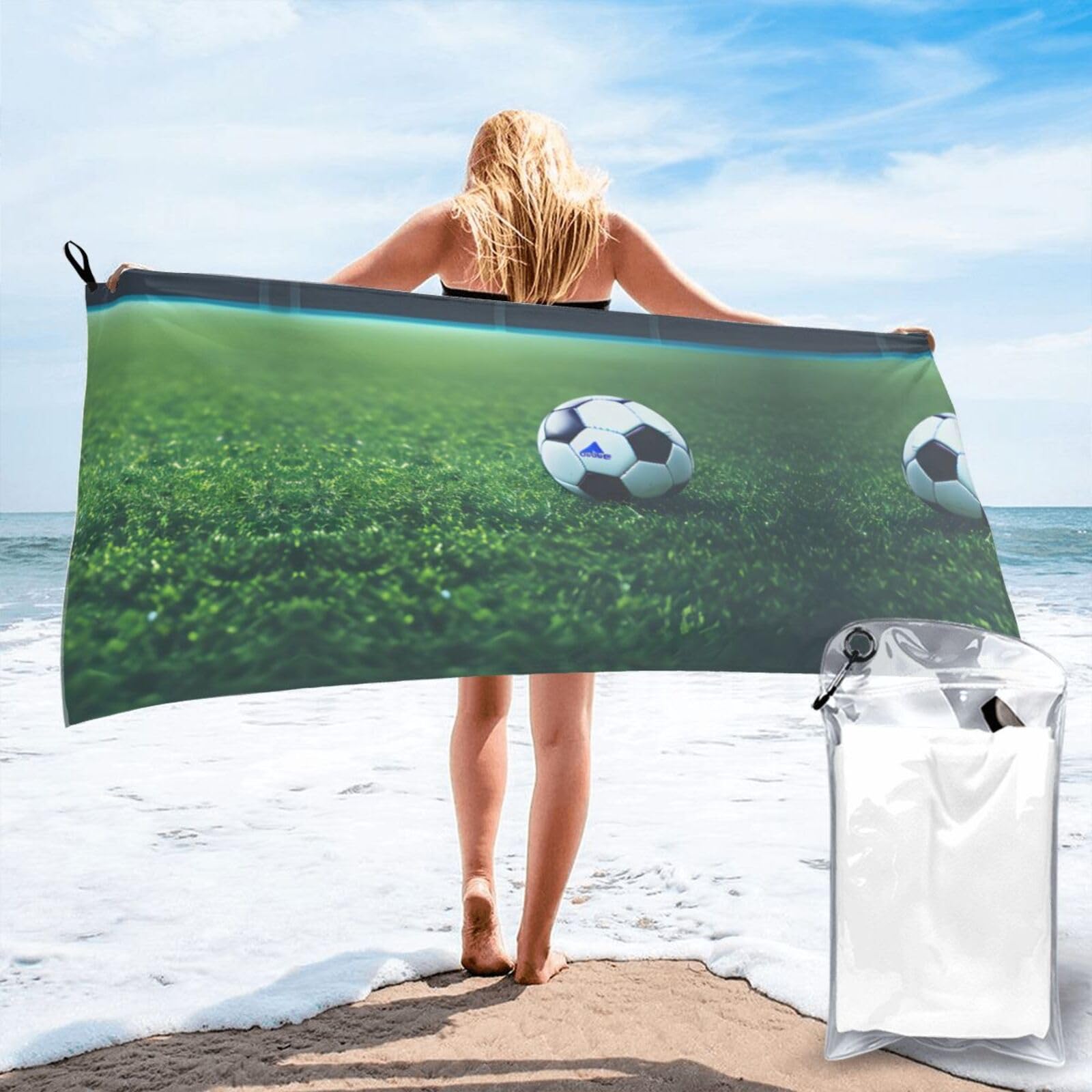 WYCZHY Soccer Ball On Grassy Print Beach Towel Soft Quick Dry For Spa Pool Gym Vacation Travelers Women Men Adults Sauna Gift