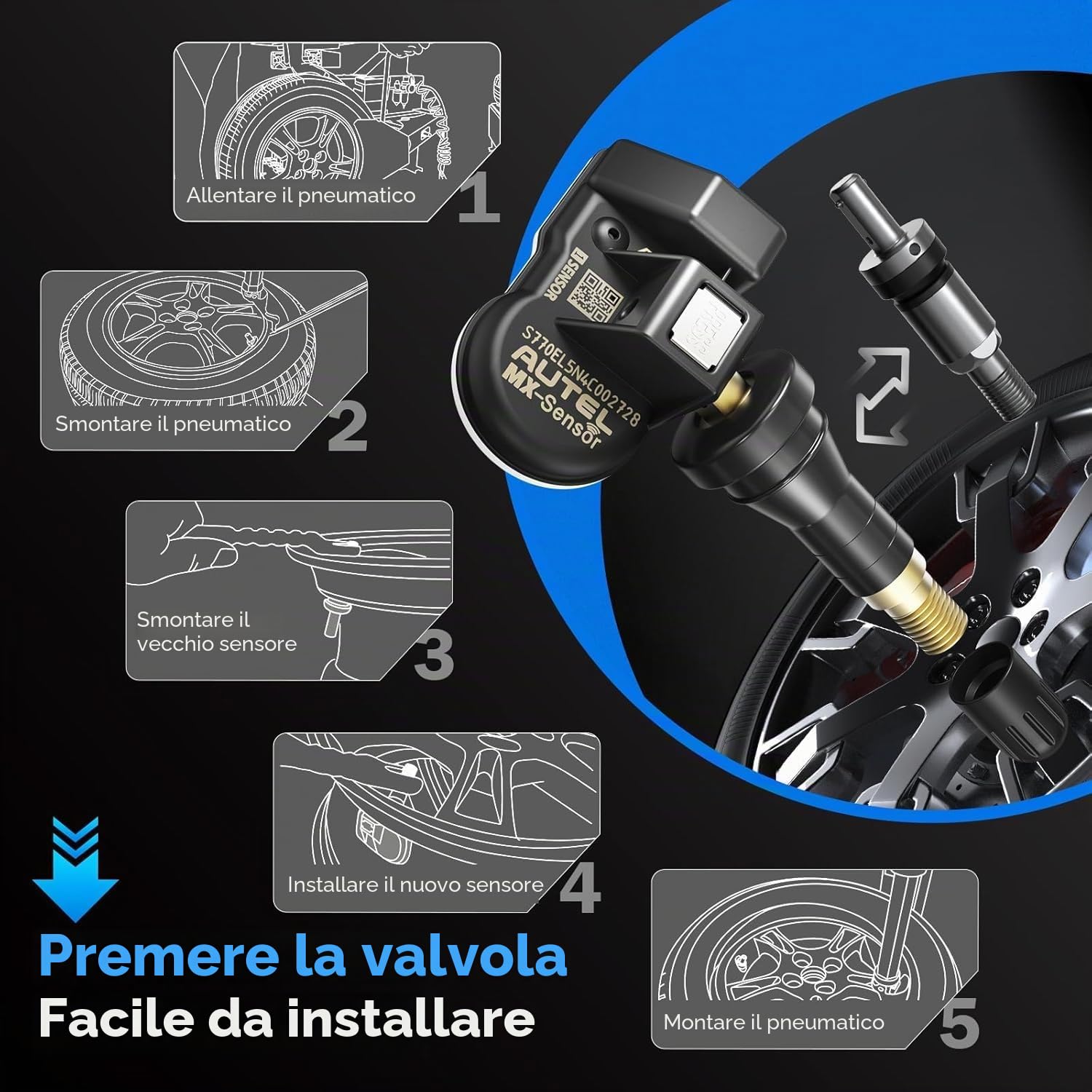 Autel MX-Sensor 2 in1 Sensore TPMS, Doppia Frequenza, Livello OE per 99% Autos, Sensore Pneumatici Programmabile 100%, Compatibili TS501PRO TS508WF TS601 TS408S Strumento TPMS (Valvola in Gomma, 1PCS)