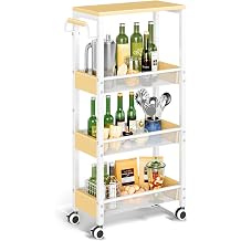 Utility Slim Storage Cart with Wheels, 4 Tier Slim Rolling Cart, Slim Rolling cart for Kitchen,Small Rolling Cart with Wood Top, Skinny Metal Organization Trolley Laundry with Handle for Small Space