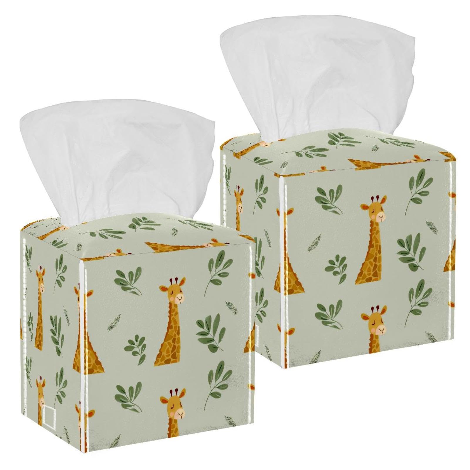 Giraffe Tissue Box Cover, 2 Pack PU Leather Square Facial Tissue Dispenser Box holder for Home Office Car
