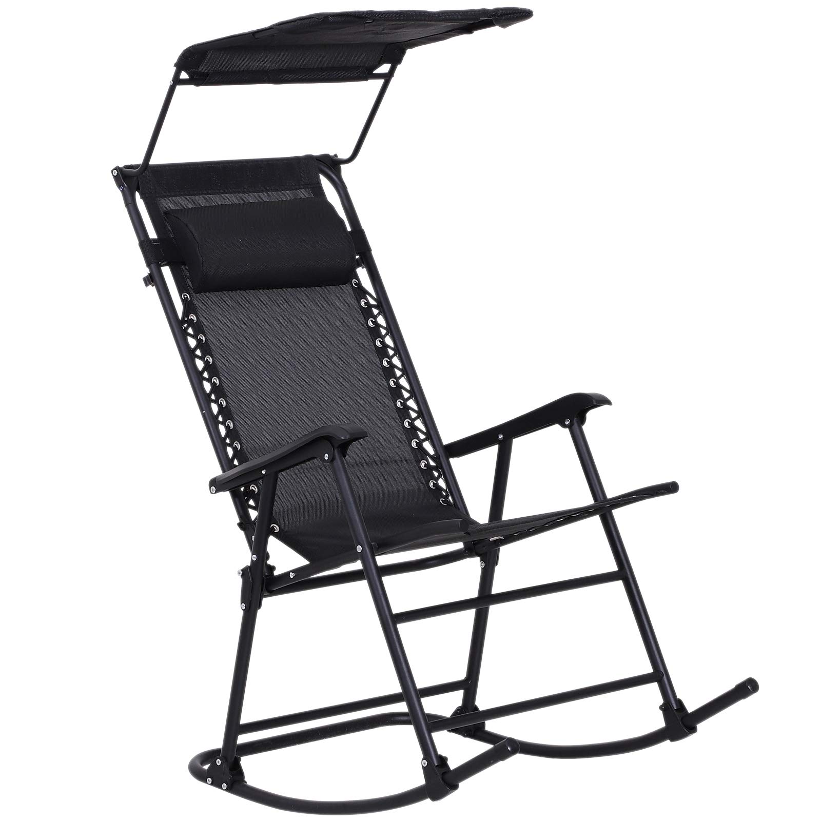 Outsunny Rocking Chair Plegable de Jardín Dim. 105 x 64 x 125 cm tetera + parasol incluido acero epoxi textileno negro