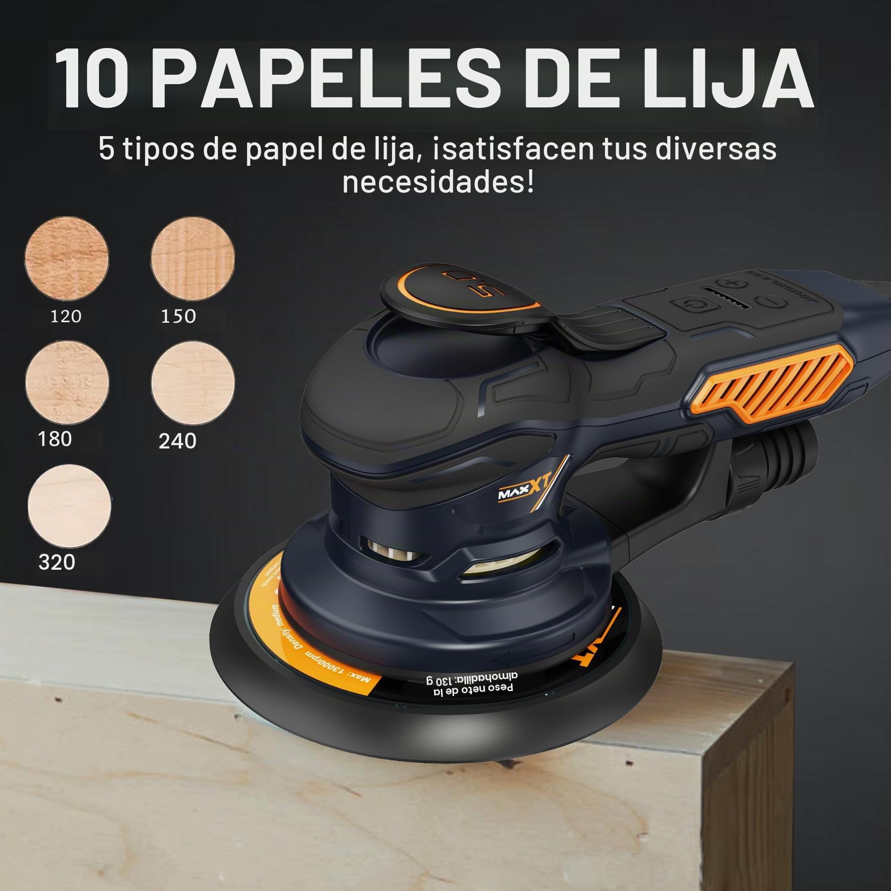 MAXXT Lijadora orbital,350w lijadora orbital aleatoria 10000 OPM con 6 velocidades variables y 10 piezas de 150mm papel,con Bolsillo Lavable de Recogida, para Lijar Madera y Metal