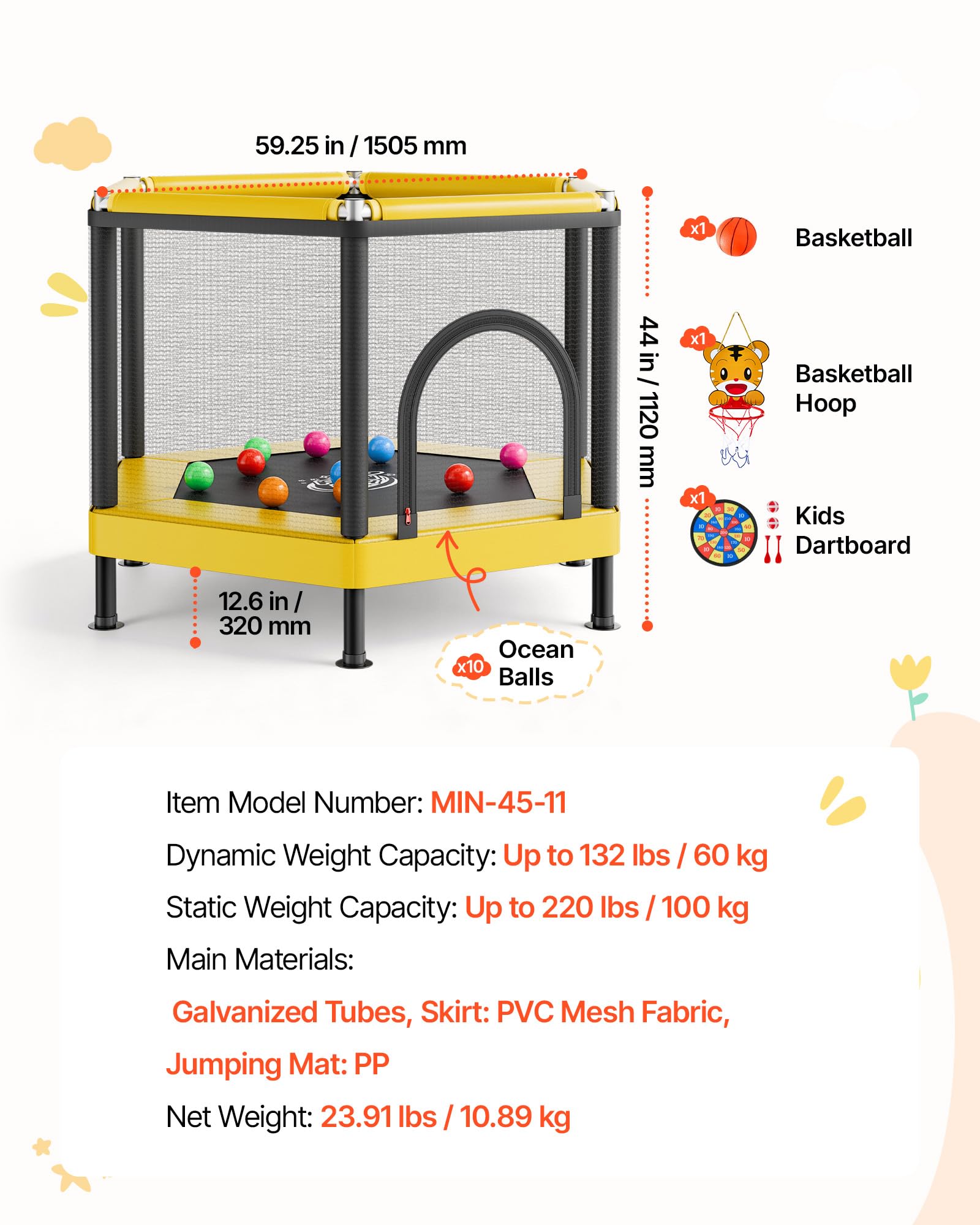 VEVOR Trampolino Elastico da Interno per Bambini Carico Dinamico 60 kg, Mini Trampolino con Rete di Protezione Giocattolo da Interno con Canestro da Basket Forma a Esagonale Tappeto Elastico in PP
